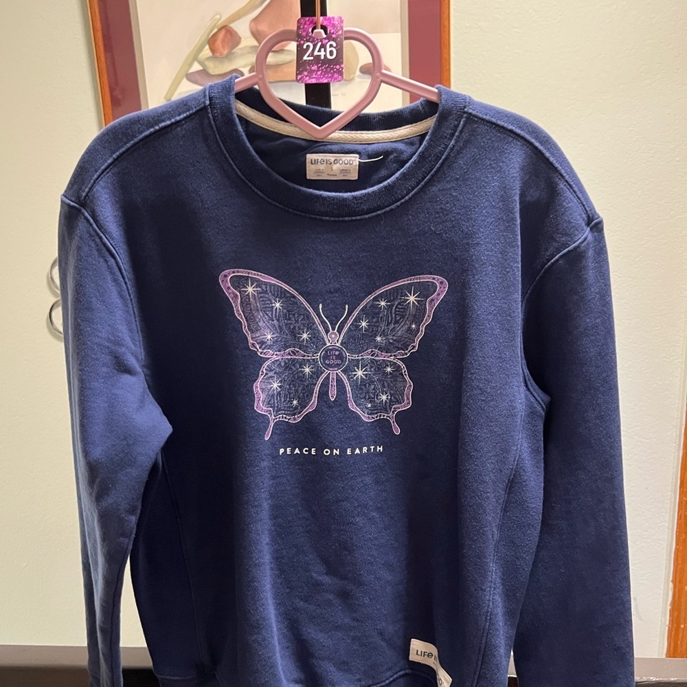 Life Is Good Blue Sweatshirt with Butterfly Design #246